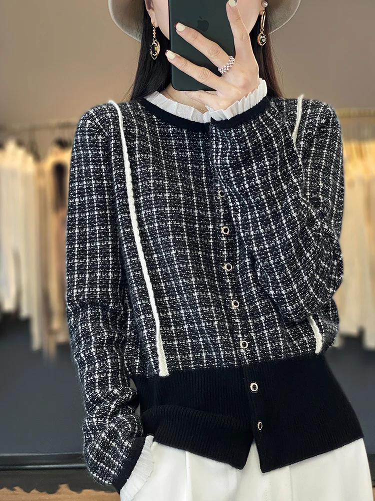 Spring And Autumn New 100% Pure Wool Cardigan Female O-Neck Lace  Versatile Splicing Sweater Coat Loose Knit Undershirt Top