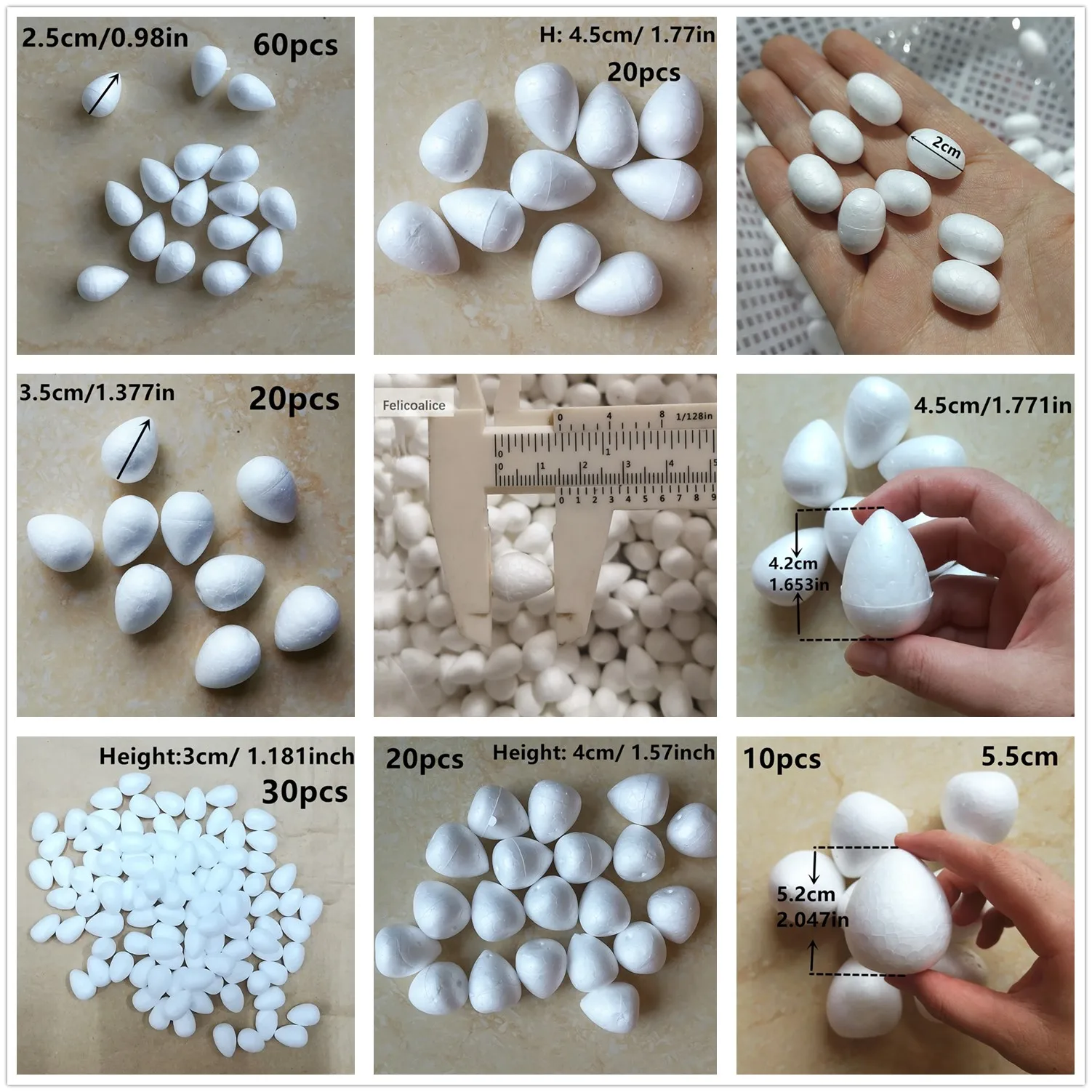 1.5/2/2.5/3/3.5/4/4.5/5/5.5cm White Foam Rose Bud Drop Shape Polystyrene Foam DIY Craft Flower For Christmas Wedding Decoration