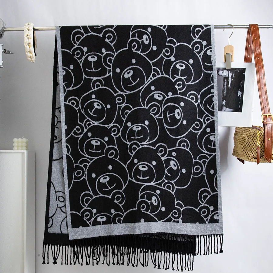 

Хорошая мягкая шаль из искусственного кашемира с милым медведем, длинный шарф унисекс, зимний толстый теплый шейный платок, шарфы, весенне-осенняя накидка, двухсторонняя