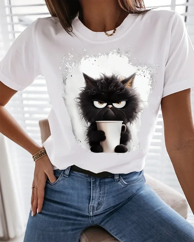 Women's T Shirt Tee Cat Daily Weekend Black Print Short Sleeve Fashion Funny Round Neck Regular Fit Summer