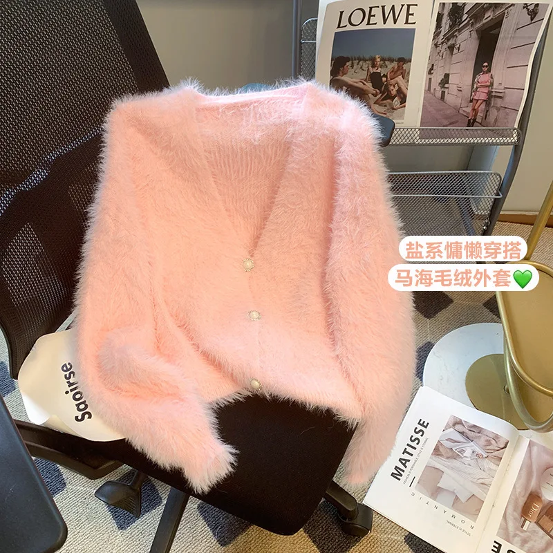 Kardigan Rajut Bulu Mink V-neck Wanita Mantel Bulu Kuda Poni Wanita Musim Gugur dan Musim Dingin Pakaian Luar Berbulu