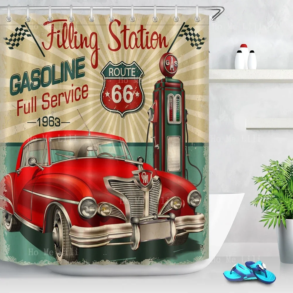 Vintage Car Tour Tour Across America Sexy Girls Route 66 Bathroom Decorated With Shower Curtains