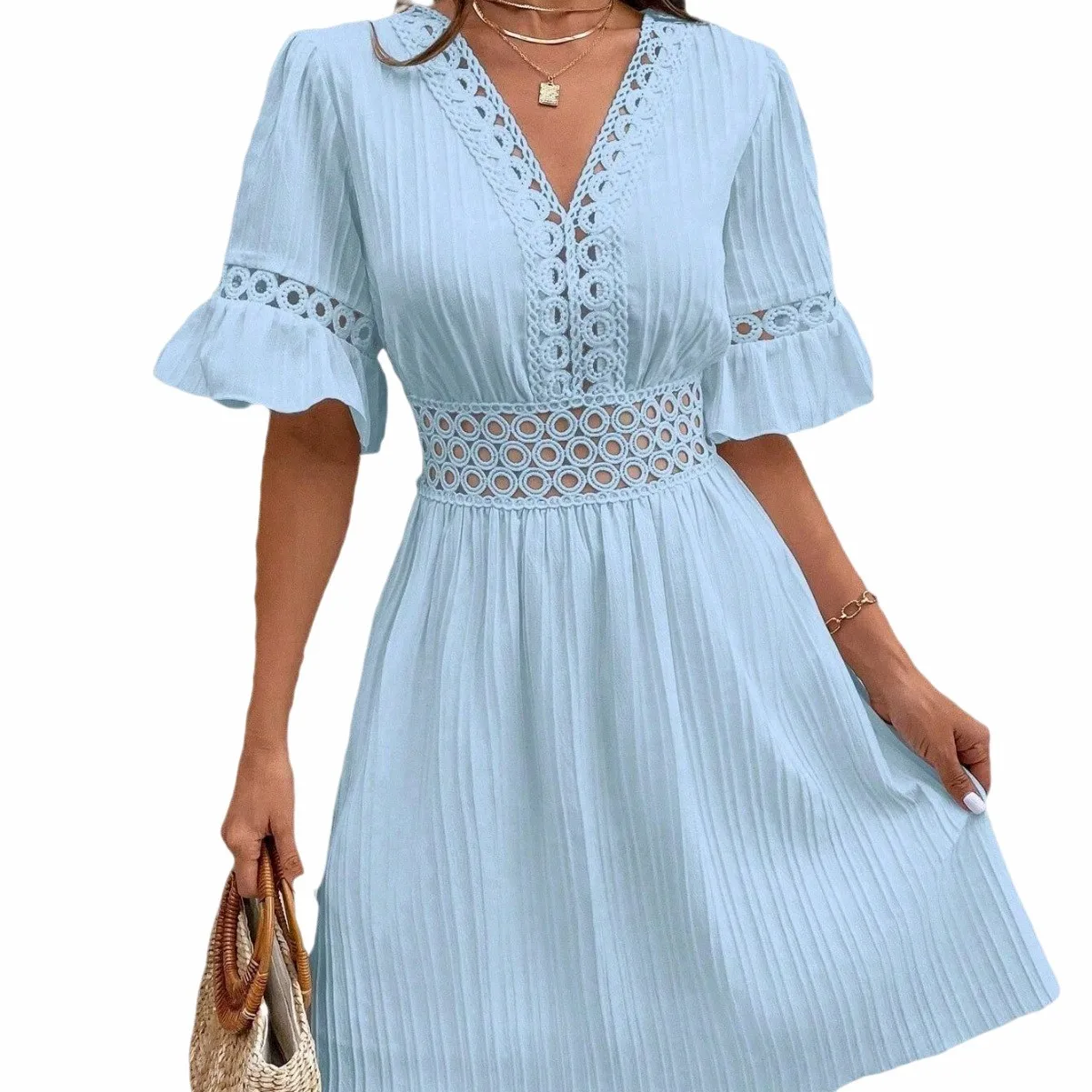 2024 صيف جديد Faion V-Ne الدانتيل تقليم لون نقي لصق الخصر مقصوص الدكتور البوليستر عالية الخصر ألف خط تنورة Sve طول