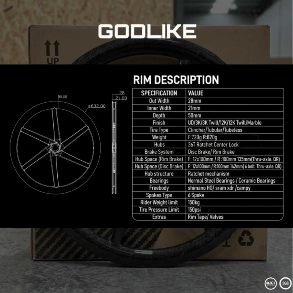 Rueda de Bicicleta GODLIKE Light 700C de Carbono para Carretera, 6 Radios, 28mm de Ancho, 21mm de Diámetro Interior, Freno de Disco, Tipo Clincher, Tubeless, Center Lock
