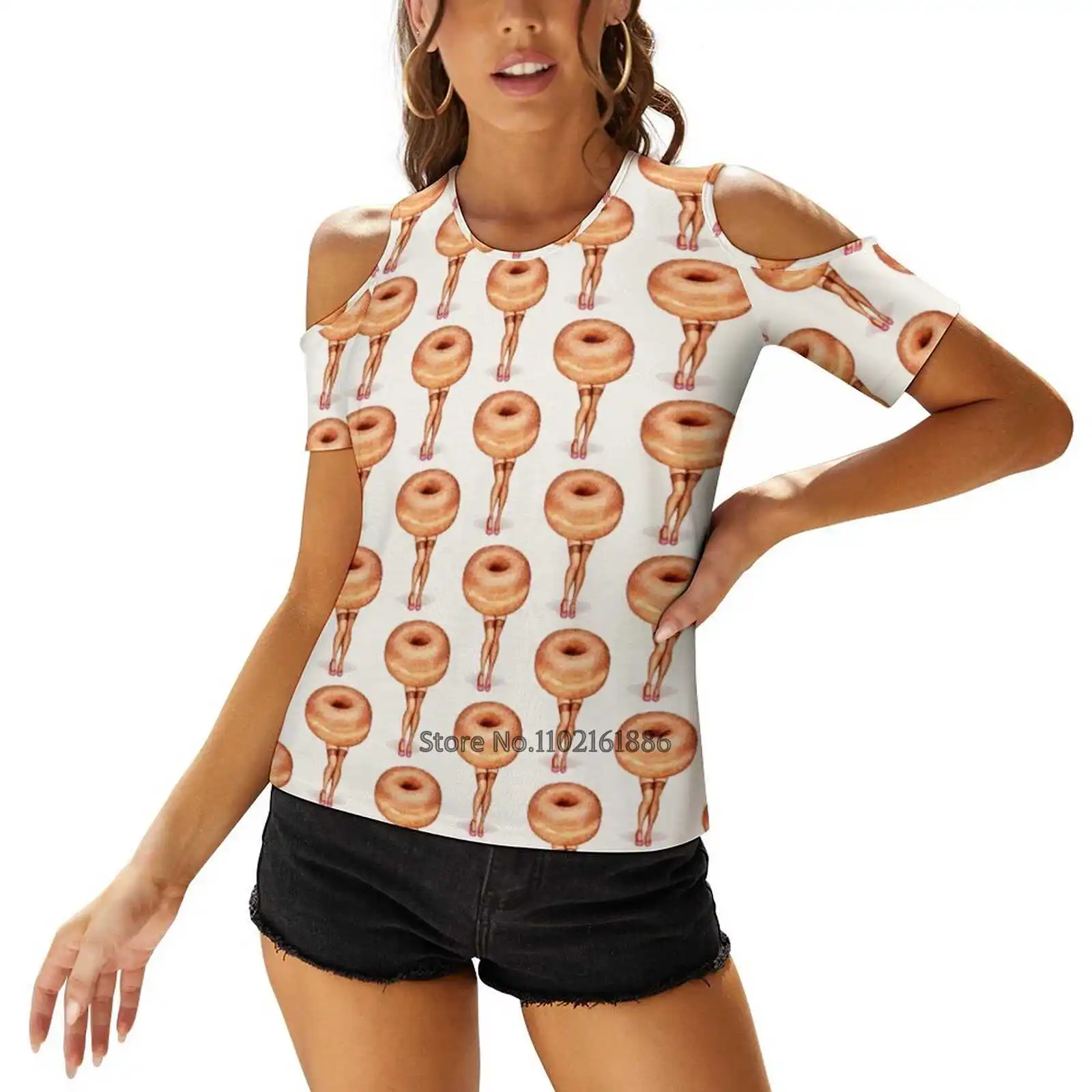 Donut Pin - Up Women Print T-Shirt Summer Casual Tops Streetwear T Shirt Boho Ladies Top Food Donut Doughnut Coffee Breakfast