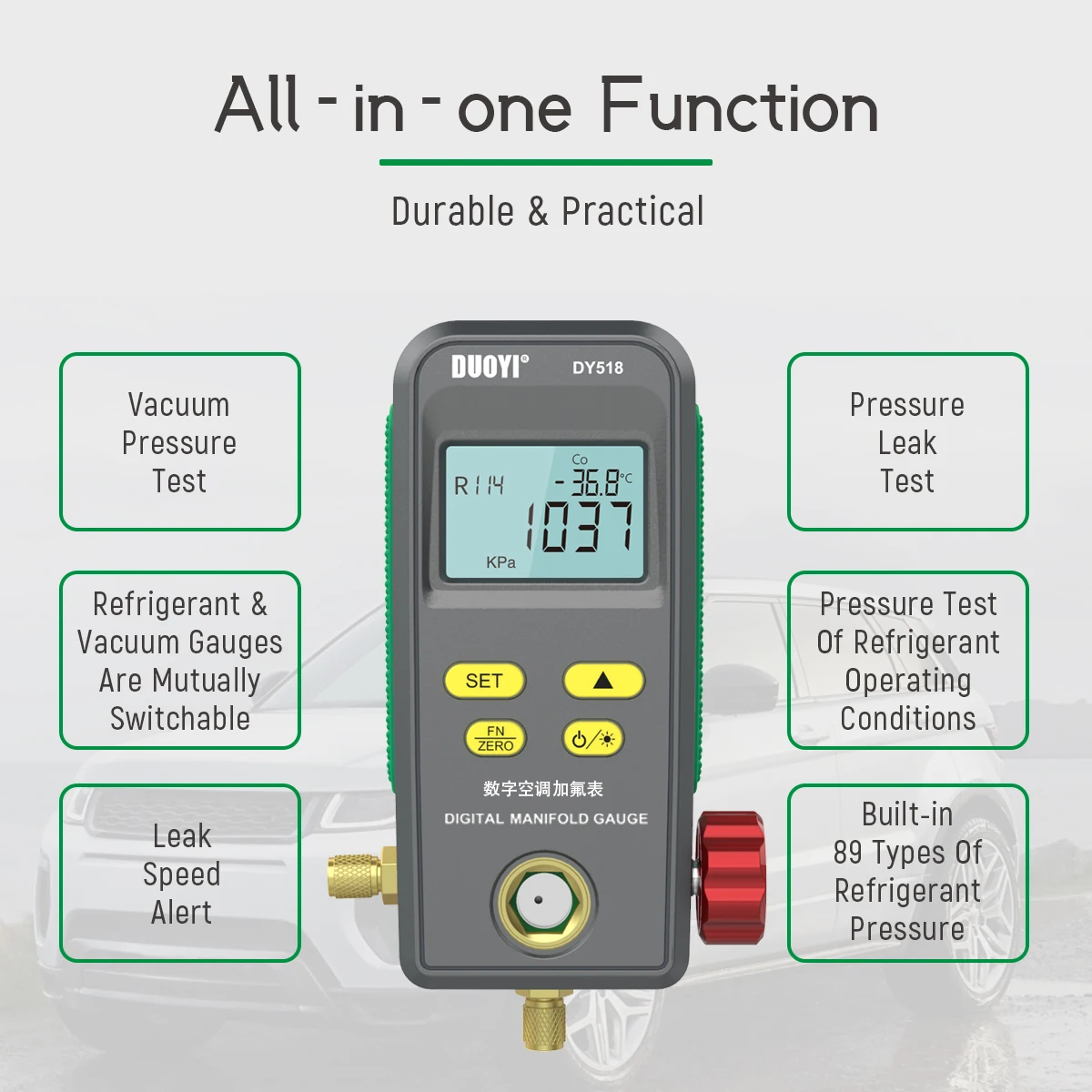 R134a Fluoride Electronic Vacuum Pressure Gauge for Car Air Conditioner, Fluoride Filled Refrigerant Repair Instrument Kit