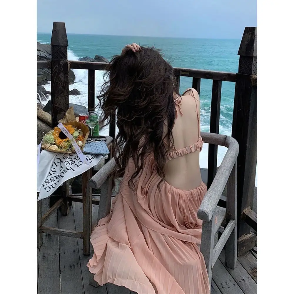 Fashion Sexy Backless Sundress Pleated Long Dress Boho Summer New Vacation Beach Strap High Quality A-Line Ladies Robe Female