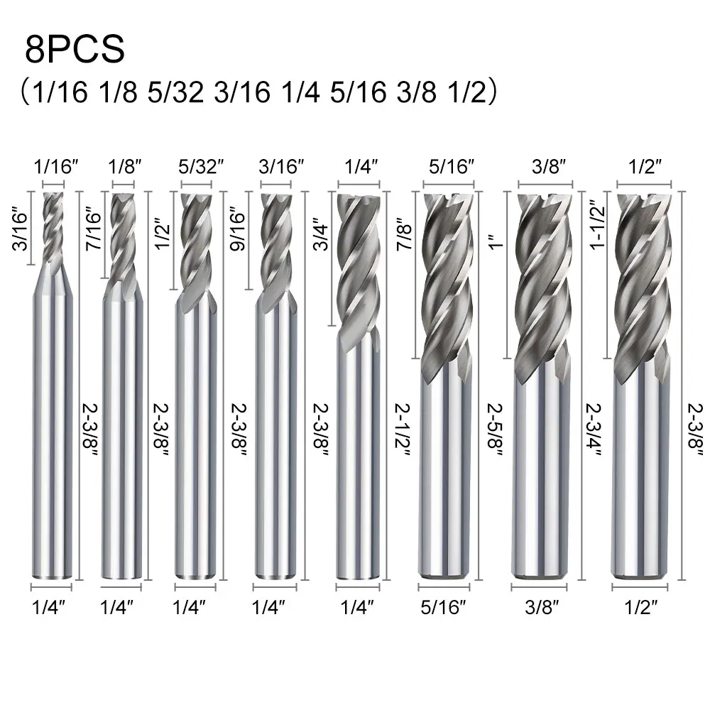 XCAN 8pcs HSS End Mills 4 Flutes Carbide Milling Cutter End Mills For CNC Maching Metalworking CNC Router Bit