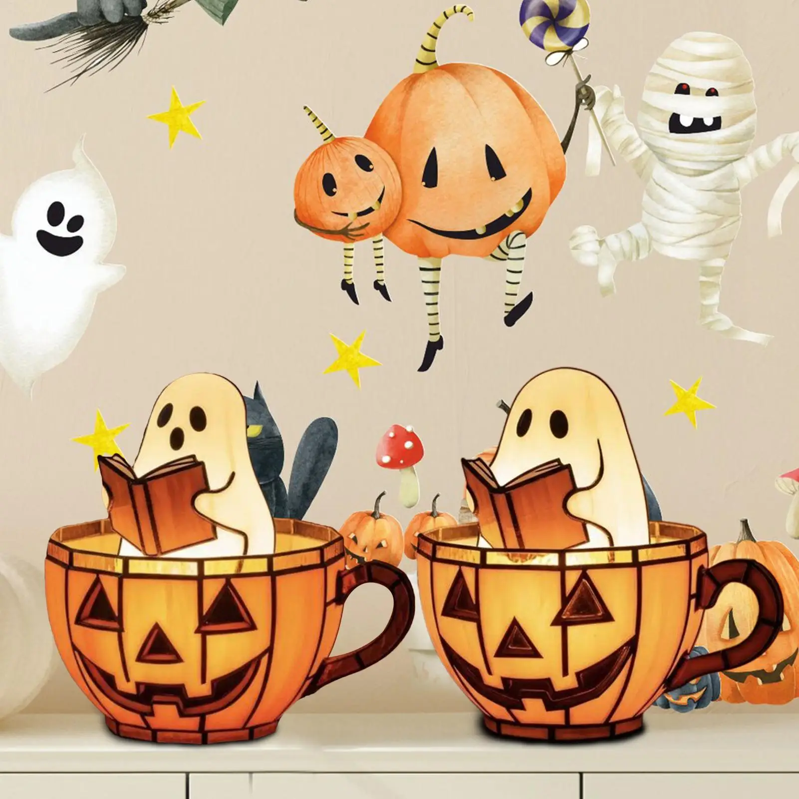 Halloween Ghost Light Cute Ghost Reader Pumpkin Led Light Resin Nightlight Desk Display Ornament for Tabletop Bedroom Outdoor