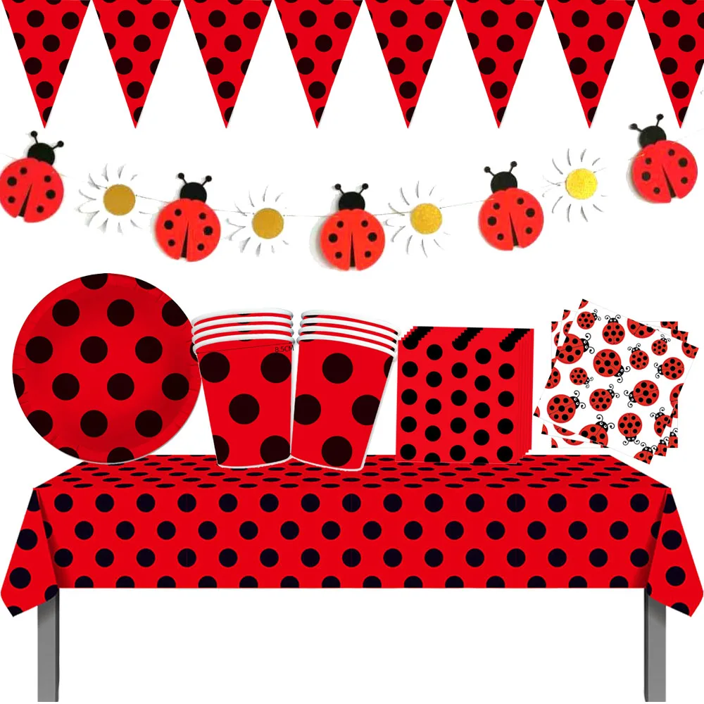 

Ladybug Birthday Party Tableware Red and Black Dots Disposable Plates Napkins Cups Tablecloth Baby Shower Kids Party Supplies