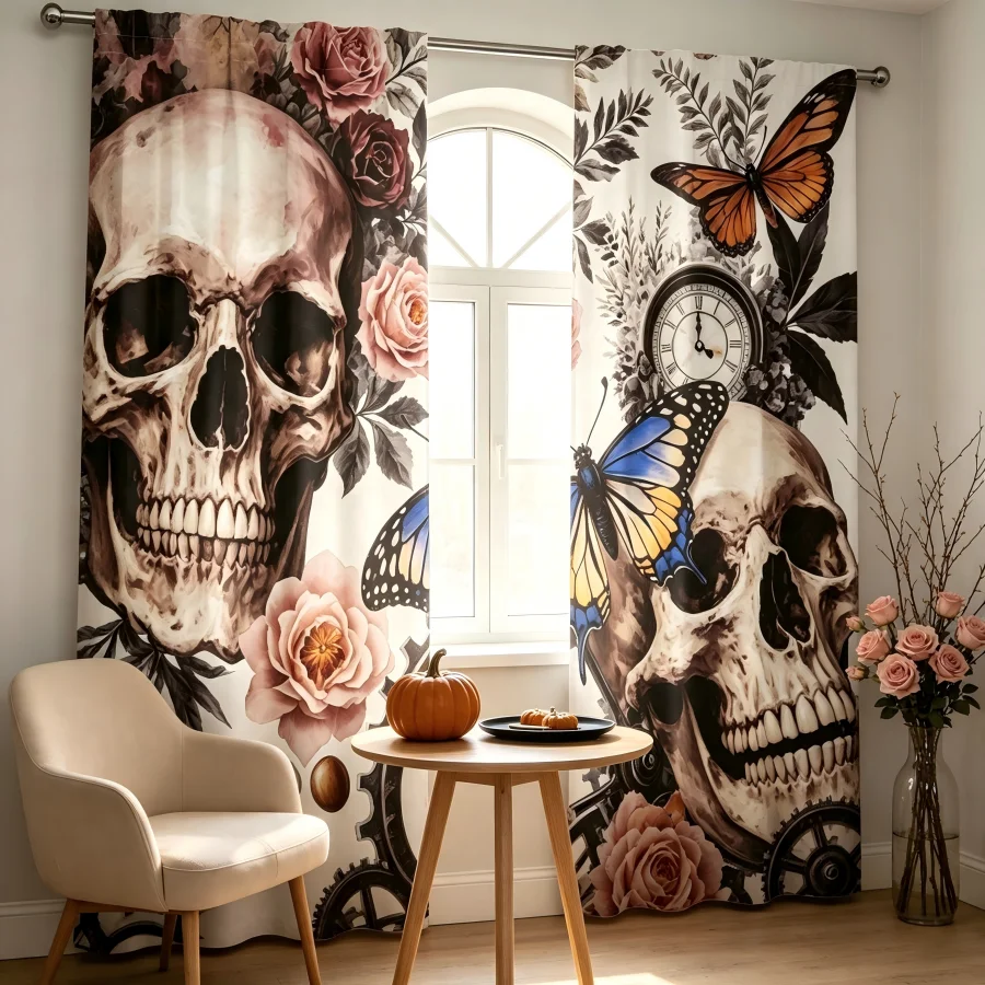 2PCS Digital Print Curtain, Gothic Skull Pink Roses Butterflies Clock Gears Pattern, Day of the Dead Steampunk Style Home Decor