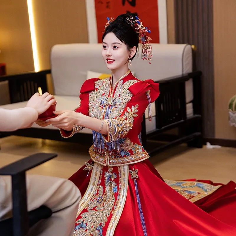 

New style of heavy industry dragon and phoenix gown wedding dress Chinese-style for toasting