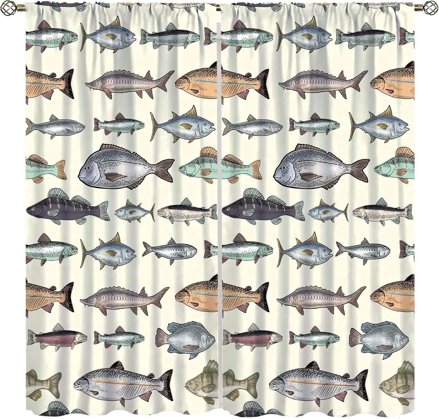 Fish Blackout Curtain Retro Animal Drawing Fishing Window Curtain Cartoon Lake Fish Drapes Pocket Curtain Bedroom Living 2Panels