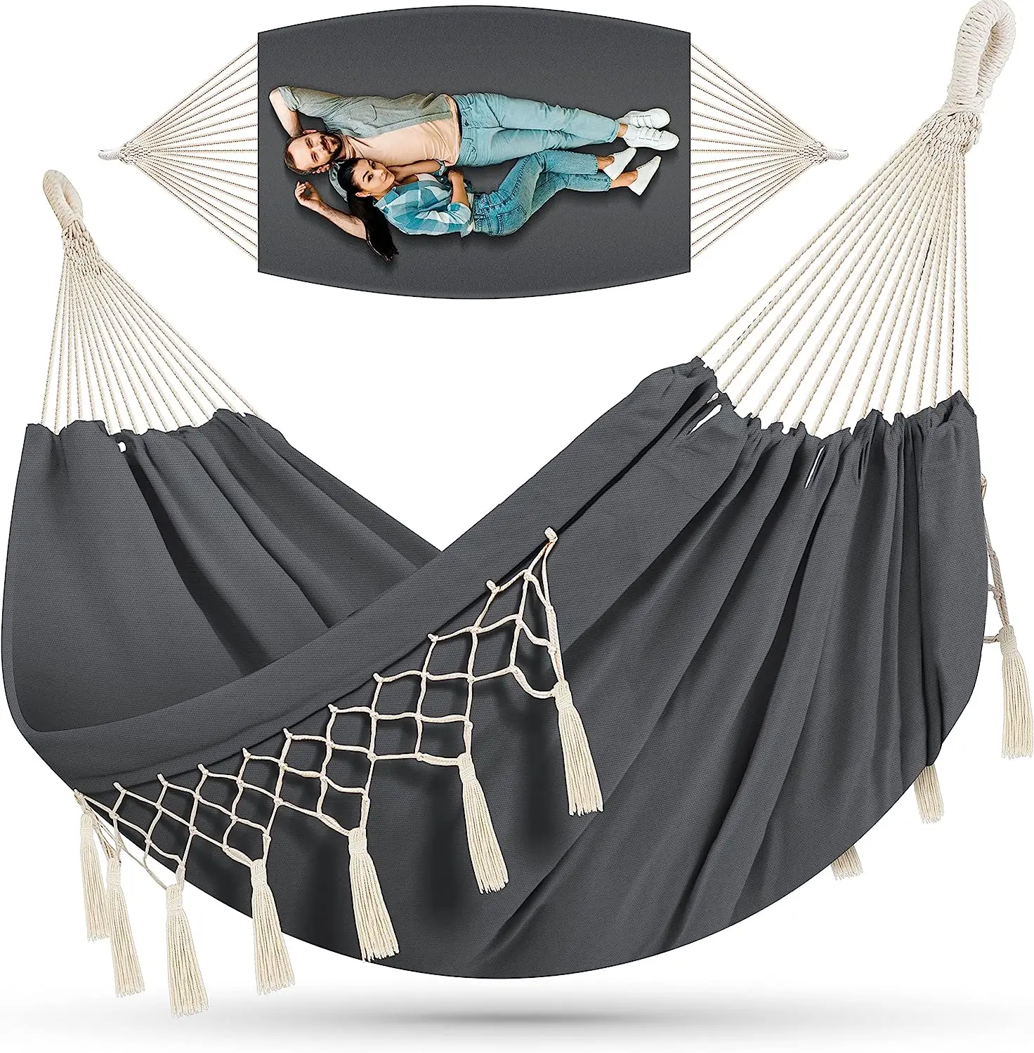 

Camping Canvas Macrame Hammock Outdoor Hanging Swing Garden Hammocks with Tassels