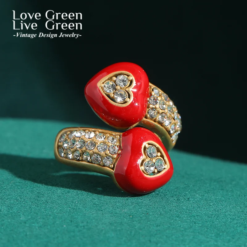 

Vintage Heart Ring Big Red Love Gift Drip Oil Natural Stone Gold Color Rhinestone For Woman Accessories Luxury Jewelry Wedding