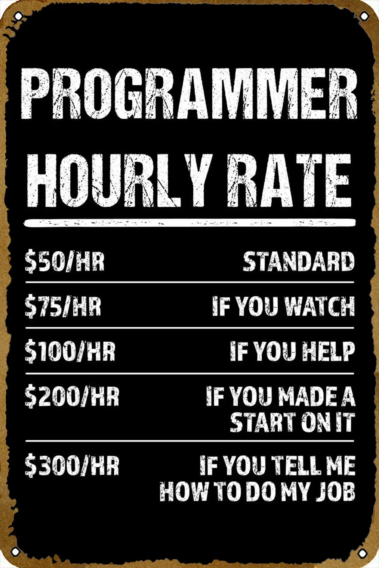 Programmer Hourly Rate Metal tin Sign for Bar Cafe Gym Man cave bar Home Club Garage Wall Poster Design Wall Interesting Decorat