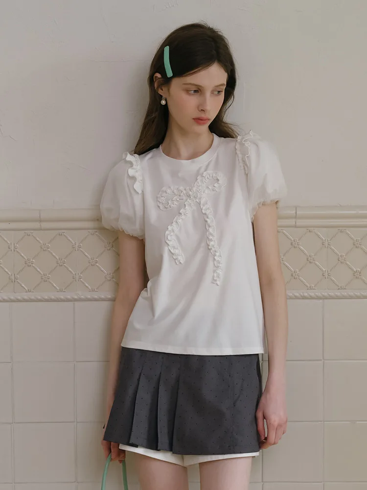 ISISLOVE Unique Beautiful  Knot Top White European Tulle Bubble Sleeve T-shirt Women Summer Casual Loose Fit