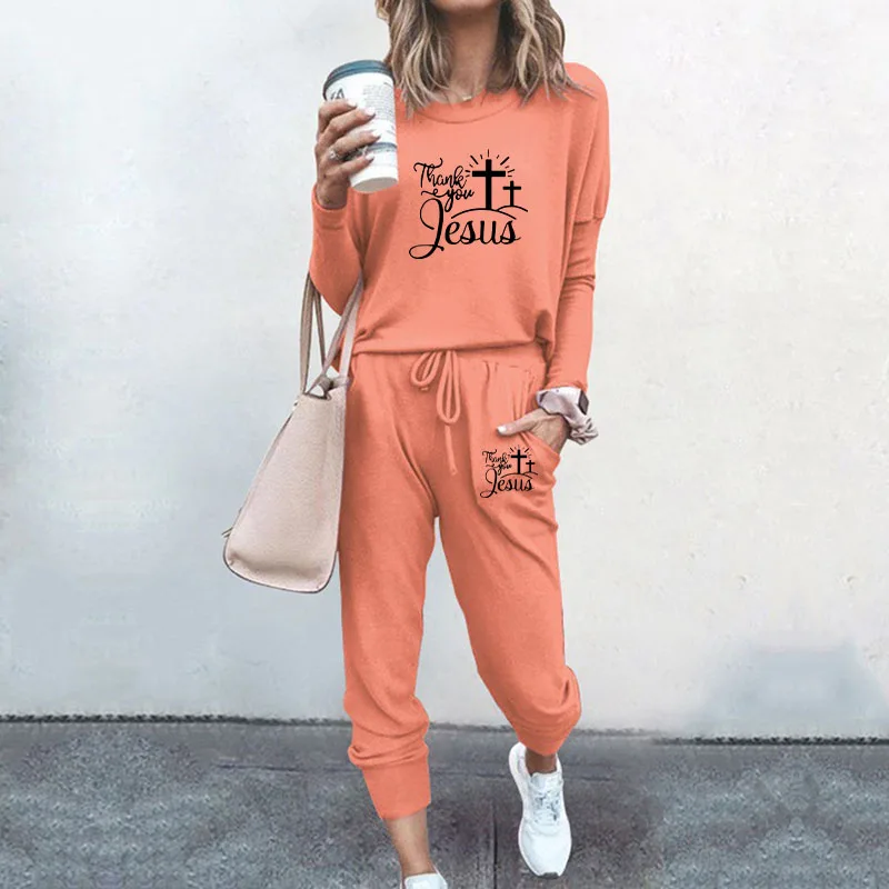 2022 Spring Autumn Women Tracksuit Set Jesus Christ Printing Shrink-sleeved Sports Jogging Suit Solid Color Casual Loose