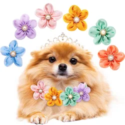 10PCS Flower Pet Dog Cat Bows with Pearl Diomand Movable Puppy Collar Gifts for Small Dog Grooming Accessories Supplies