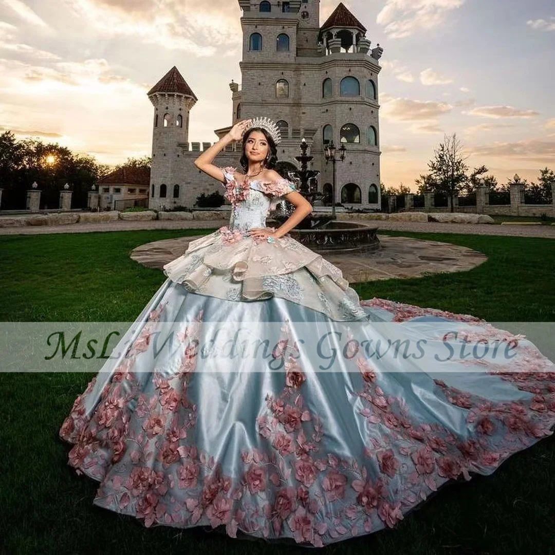 Gorgeous Blue Quinceanera Dress Off The Shoulder Appliques 3D Flowers Young Girl Ball Gowns Birthday Party Prom Dresses