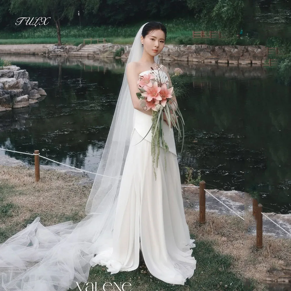 

TULX Simple Ivory Chiffon Korea Wedding Dress Photo Shoot Strapless Bridal Gowns Long Tiered Corset 웨딩드레스 Customized 2025