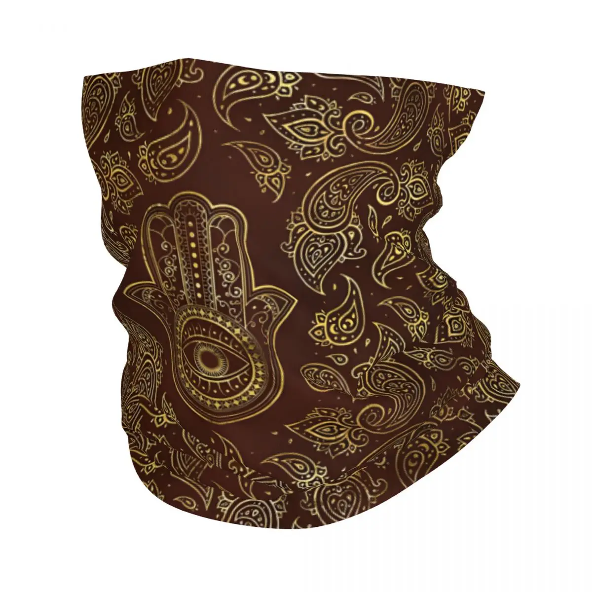 Decorative Hamsa Hand With Paisley Background Thin Wrap Scarf Bandana Neck Gaiter Face Cover Headband