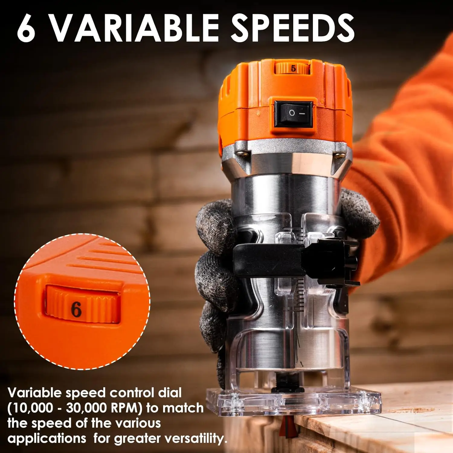 Compact Router, 6.5-Amp 1.25 HP Compact Wood Palm Router Tool, 6 Variable Speeds Wood Trimmer with 15 Pieces