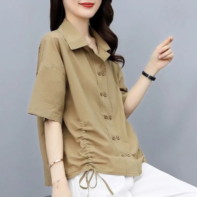 2023 Summer New Short Sleeve Fashion Cotton Shirt for Women Loose Lapel Pleated Casual Blouse Solid Color Button Vintage Tops