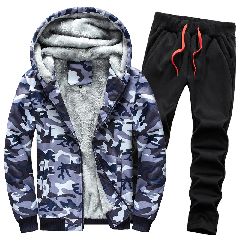 Men Teenagers Autumn Winter New Camo Sweatshirt Set Hoodie Casual Pants 2 Piece Outfit Fleece Lined Thick Sports Tracksuit