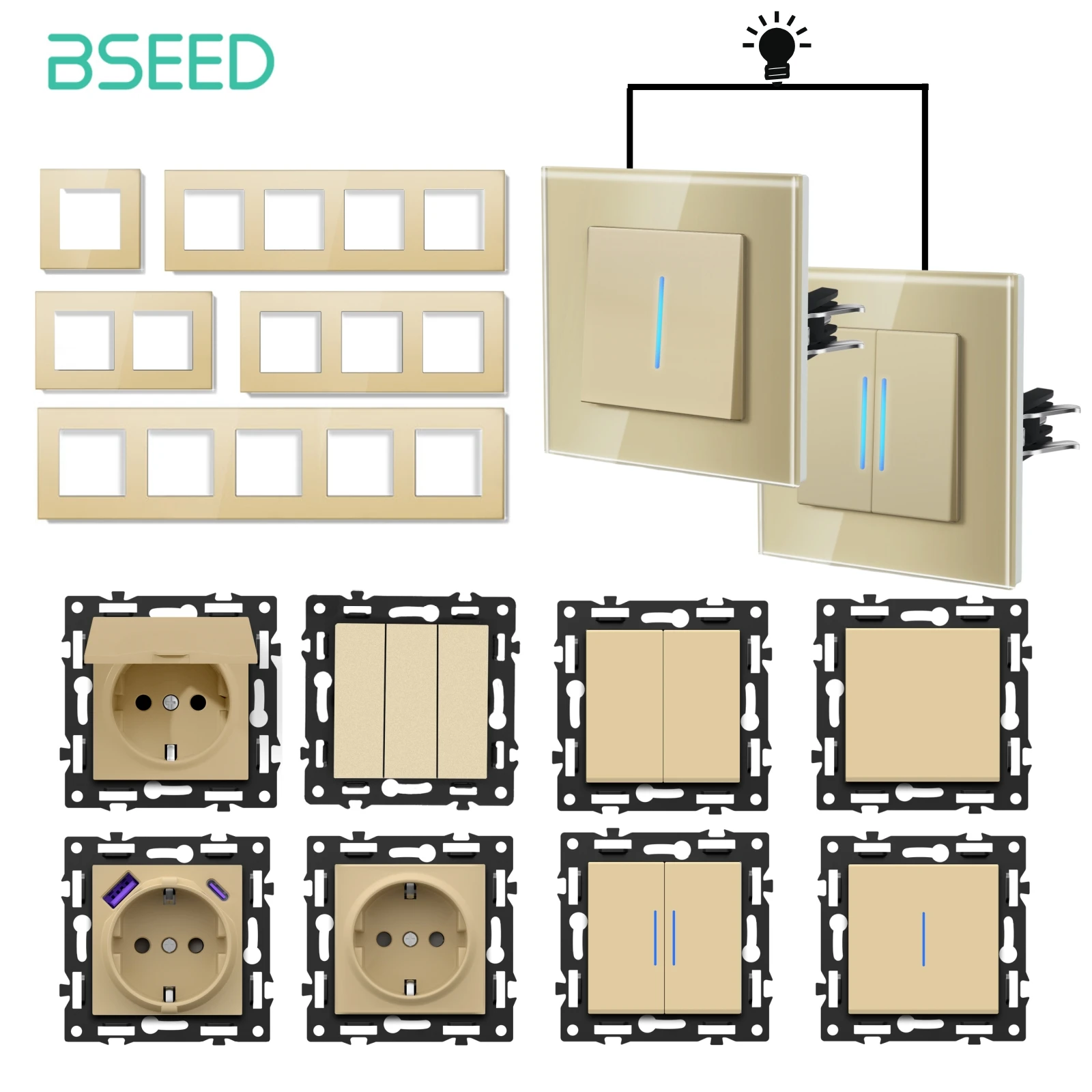BSEED Switch Module E-Series 86mm Push Button Switch 1/2/3Way Part with Indicator Light DIY Combination Wall Sockets USB Type-C