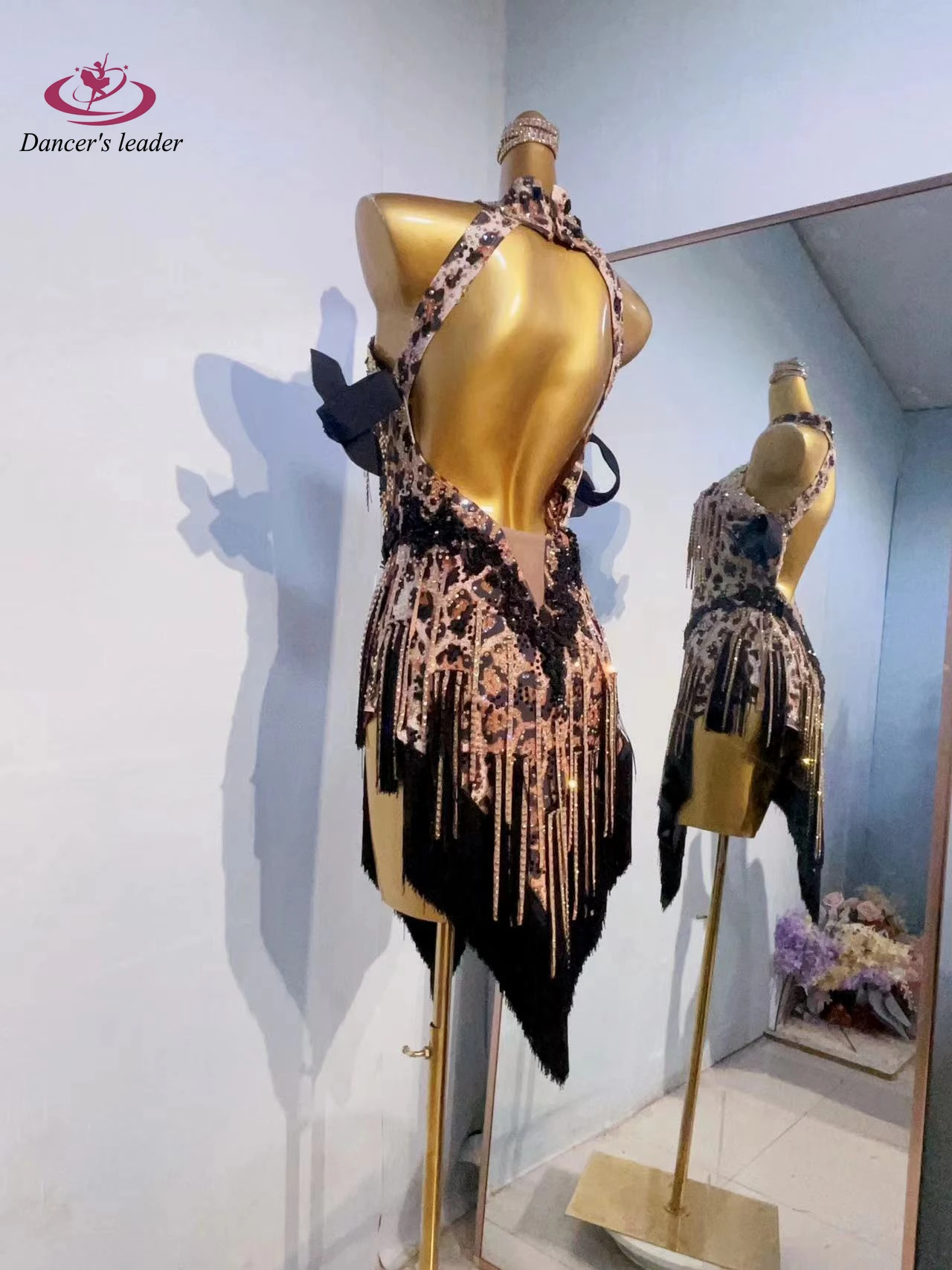 Vestido de dança latina, vestido floral com estampa de leopardo personalizado de alta qualidade, perfeito para roupas profissionais de palco adulto feminino