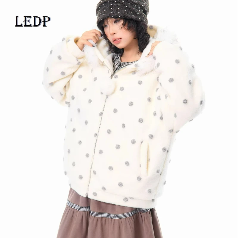 

Осень-зима 2022, новые белые розовые шерстяные женские куртки с капюшоном в горошек, оригинальный дизайн, свободные универсальные теплые пальто Y2k, женские