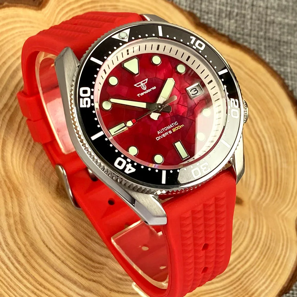 Tandorio SBDX001 Diver Steel Automatic Watch Men White Chapter Ring MOP Red Dial Sapphire Glass Waterproof Wristwatch Green Lume