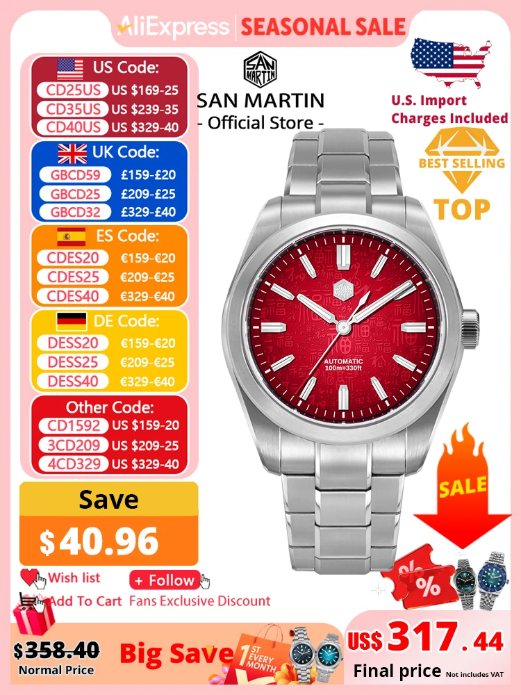 San Martin 39mm estilo chino 3D "Fu" cien bendiciones Dial Miyota 9039 hombres reloj mecánico automático diseño Original SN0144