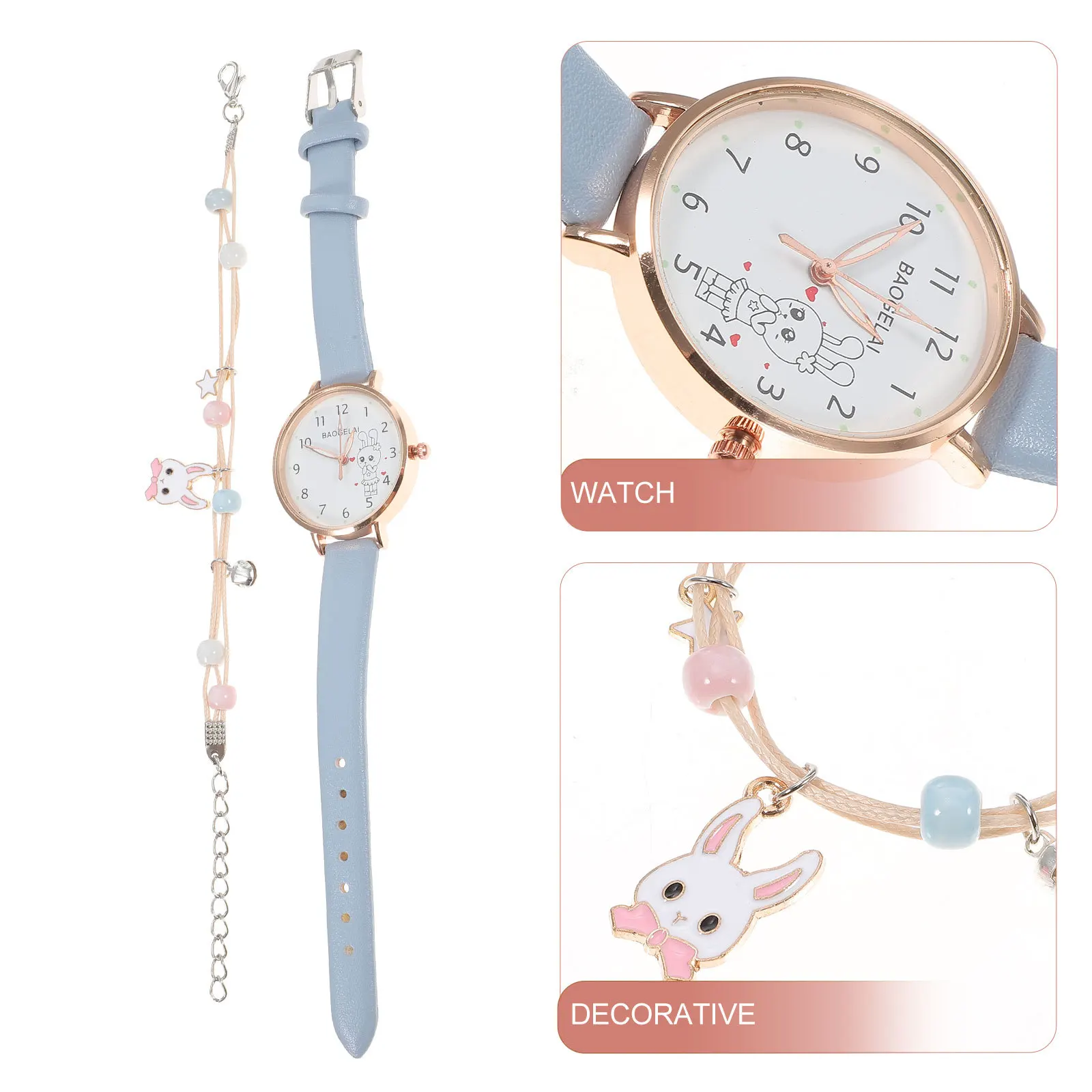 مجموعة واحدة من حزام ساعة الأرنب لساعة المعصم الكرتونية اللطيفة مع سوار خفيف الوزن وإكسسوارات عصرية للديكور #1