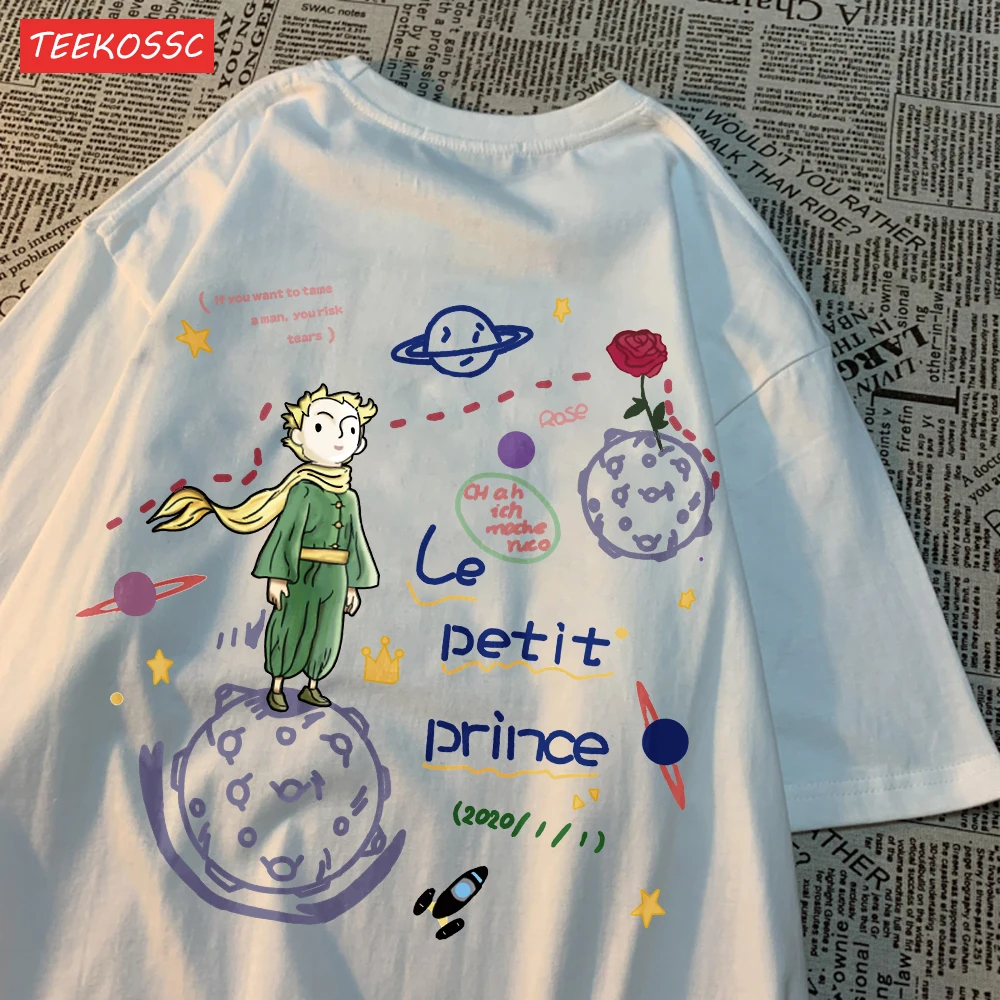 Casual Cotton Womens T-Shirts Little Prince And Rose Prints Short Sleeve O-Neck Soft Breathable Fashion Oversize Female Clothes