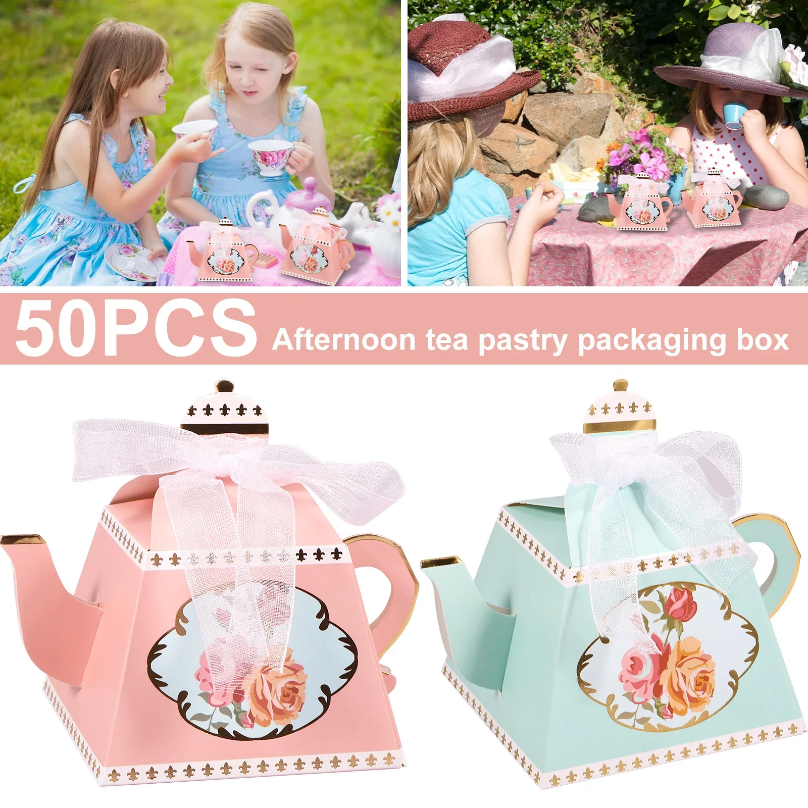 

New 50Pcs Teapot Candy Box Vintage Floral Teapot Box Reusable Paper Flower Tea Party Gift Boxes Pink/Sky Blue Cute Mini Present