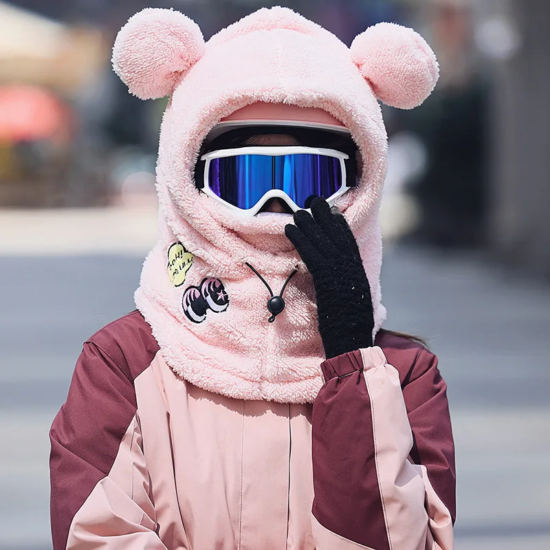 Cubierta de casco de esquí cálida de invierno, gorro de esquí de lana suave, bufanda, calentador de dibujos animados, lindo gorro decorativo de