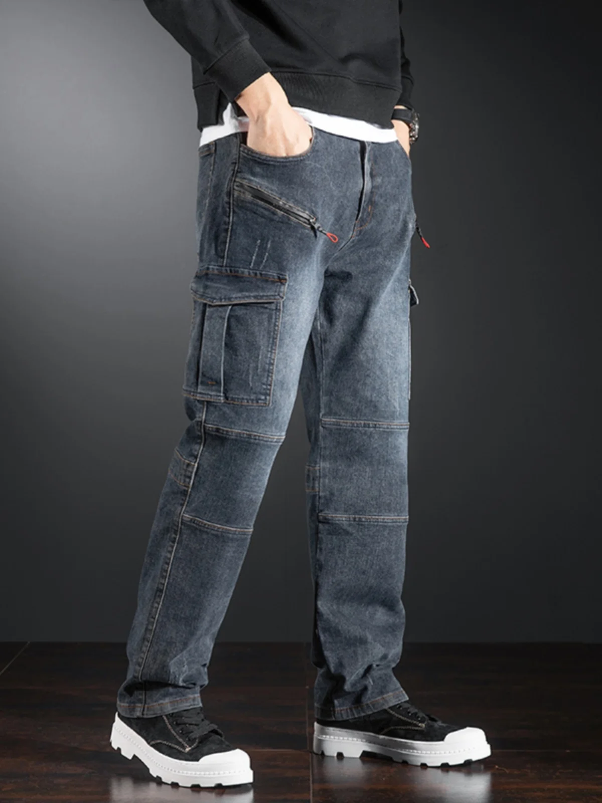 

Мужские приталенные брюки прямого кроя для работы, джинсы из американского денима с множеством карманов, молодежные зимние модные повседневные брюки