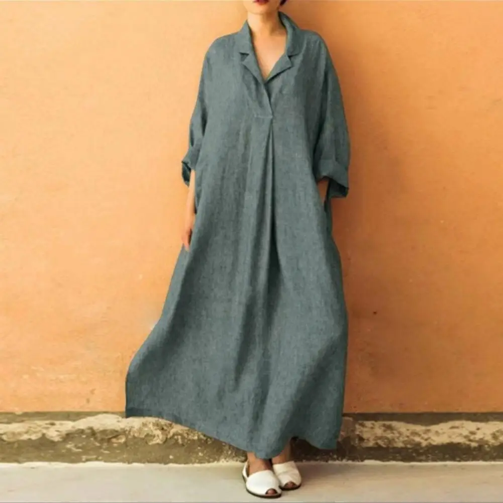 Women Long Sleeve Dress Elegant Women's Maxi Dress with Long Sleeves V Neck Side Pockets for Wear Special Occasions Lapel Collar