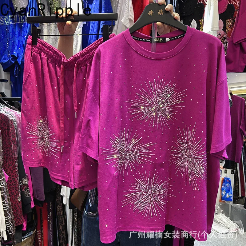 

2026 New Spring Summer Women Two-piece Set Floral Hot Diamonds Short Sleeve T-shirt Top + Elastic Waist Wide Leg Short Pants