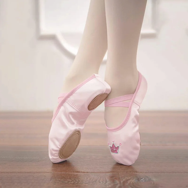 Girls Dance Gymnastics Satin Dance Shoes Ballet Slipper Flats Split Leather Sole with Elastic Bands(Toddler/Little Kid/Big Kid)