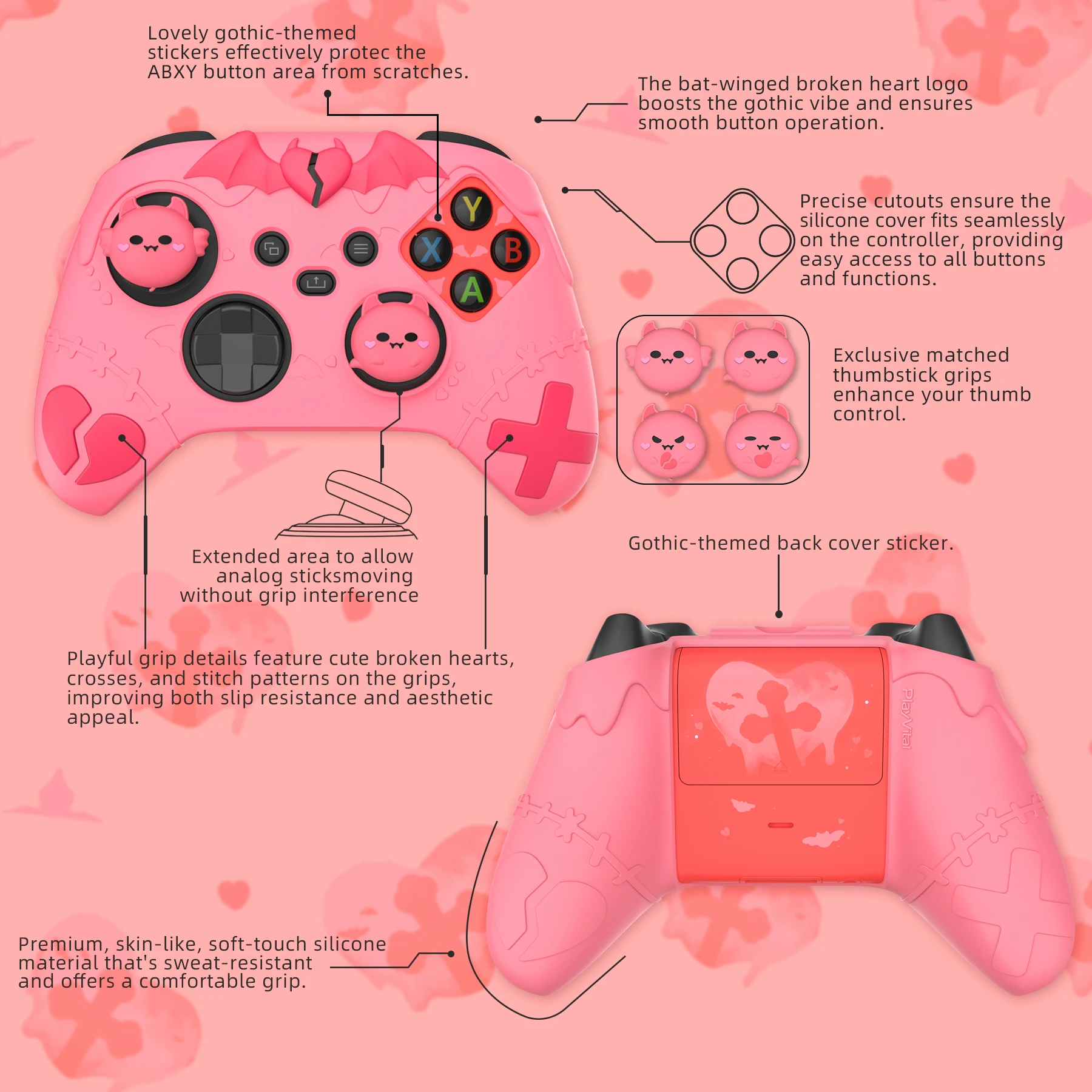 غطاء حماية من السيليكون اللطيف من PlayVital لوحدة تحكم Xbox Series X & S (وحدة تحكم Xbox Core اللاسلكية) - Gothic Imp Peach Pink