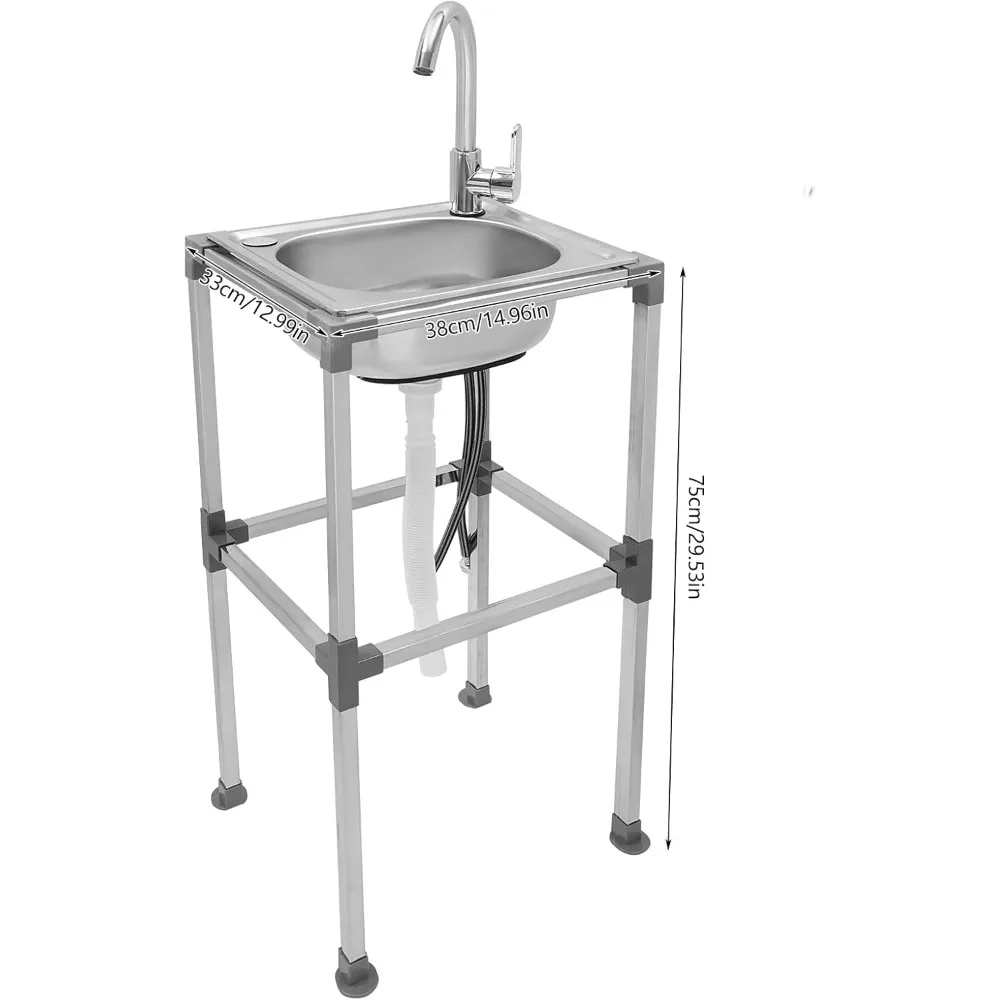 حوض مطبخ ستنلس ستيل حوض غرفة الغسيل 1 مقصورة حوض قائم بذاته ث/صنبور بارد للحديقة بالوعة التجارية 38x33x75 سم