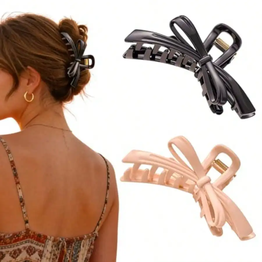 

Silicone Hair Clips In Nude And Black Soft Bow Design With Large Shark Clip For Women
