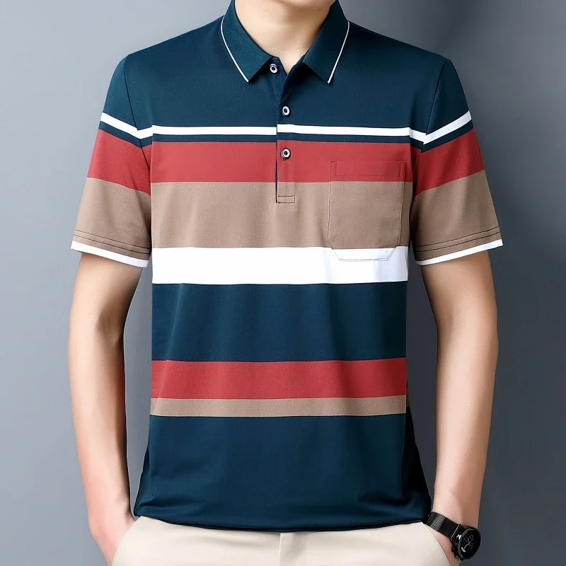 New Men\'s Color Woven Striped Short Sleeved POLO Shirt Cotton Summer Casual Top