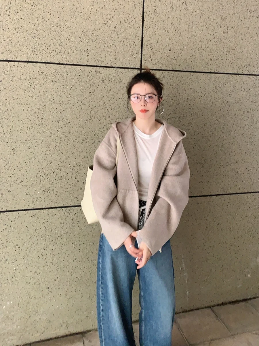 

Пальто LUNUNG из двусторонней шерсти на молнии для женщин, свободного кроя, с капюшоном, однотонное, для повседневной носки, 100% чистая шерсть