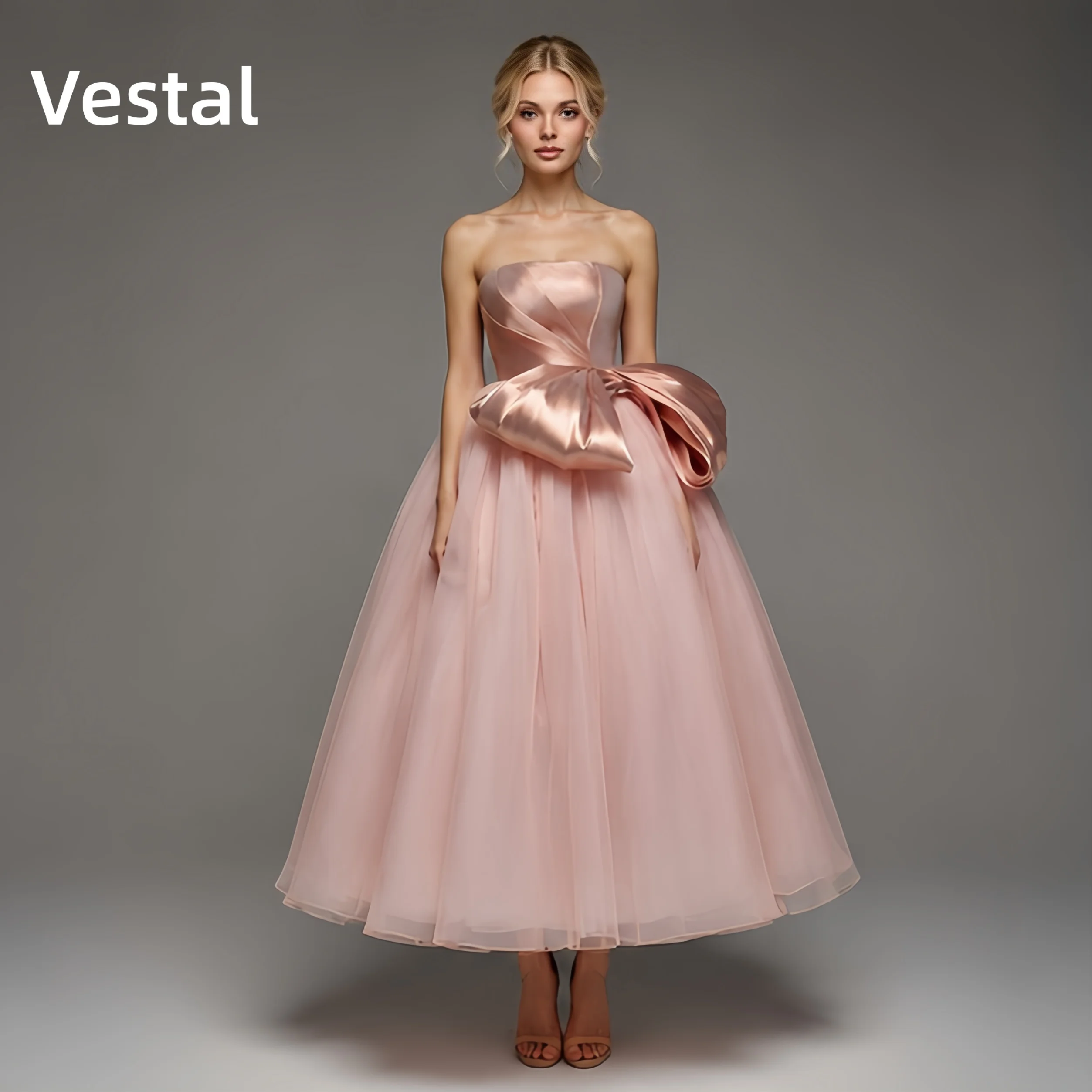 

Pink Satin Tulle Ankle Length Prom Dress with Bow for Bridal Party Wedding Guest Formal Evening Graduation Dress Customized