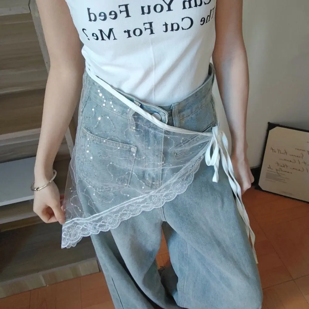 فريد الكورية نمط الدانتيل تنورة صغيرة الشاش مثلث الترتر نصف تنورة رقيقة فستان Cummerbund حزام البنطال الجينز أبلى