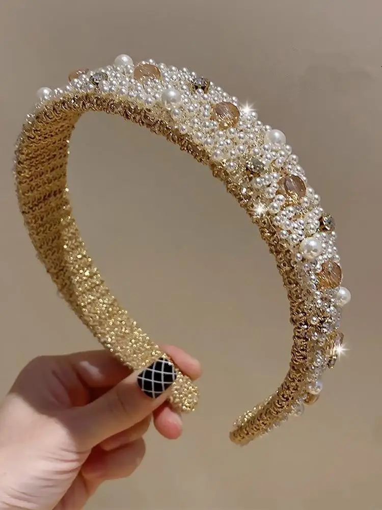 豪華なパールヘアバンド女性のヘビーワークワイドエッジクリスタルプレスヘアハイクラニアプリンセススタイルヘアアクセサリー